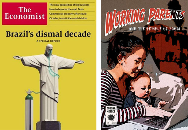 Cristo Redentor respirando por aparelhos  e  Pais trabalhadores transformados em herois de HQ Capa da revista Economist  e  ilustração de Tomo Taka, artista londrino (Fubiz Media)