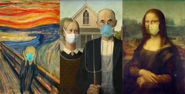 Pinturas famosas reimaginadas para a pandemia do coronavírus O Grito, Edvard Munch (1893); American Gothic, Grant Wood (1920); Monalisa, Leonardo da Vinci (1506)