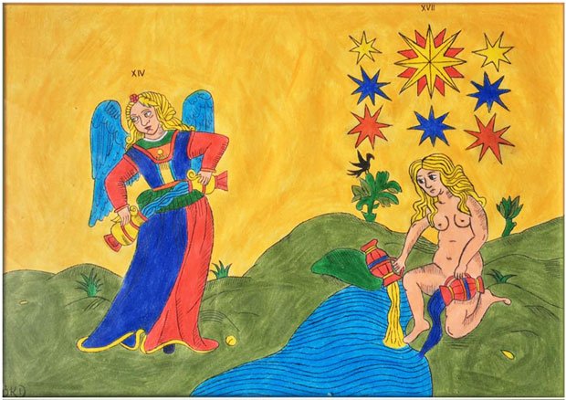 A Termperança e a Estrela colocam em harmonia o preparo alquímico e sua doação ao mundo Pintura de Beatriz Krebs Delboni aproximando, num mesmo cenário, os dois arcanos maiores do do Tarô – 14 e 17 – com mulheres manipulando cântaros.