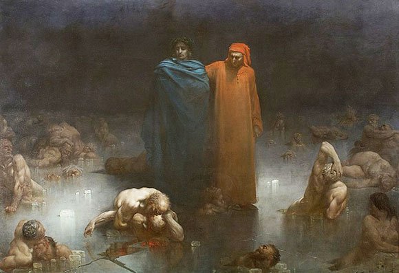 Dante e Virgílio no nono círculo do Inferno. Pintura de Gustave Doré