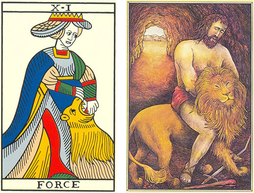 A Força – o arcano central deste estudo – no tarot de Jean Noblet (1650) e no Mitológico (1988)