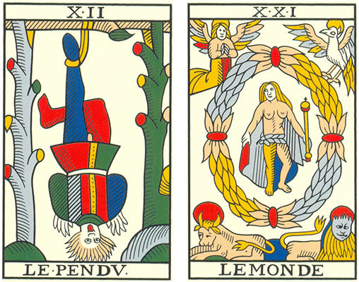 O Pendurado – arcano sucessor da força – e o Mundo – arcano invertido do Pendurado. Cartas do tarot de Jean Noblet (1650)