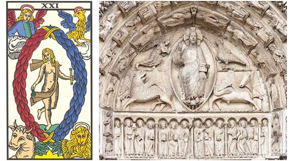 No arcano do Mundo a figura feminina (Anima Mundi) ocupa a mesma posição do Cristo esculpido no tímpano da Catedral de Chartres (França, século 13).