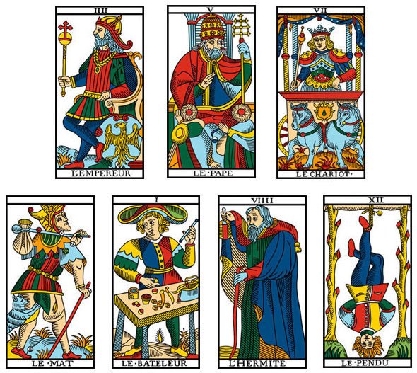 São oito as cartas dos arcanos maiores com presença exclusiva de figuras masculinas: Imperador, Papa e Carro.   Louco, Prestidigitador (Mago), Eremita e Pendurado (Enforcado).