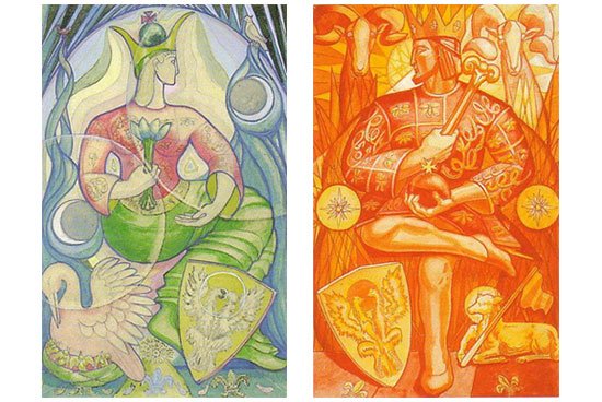 Imperatriz e Imperador no Thoth Tarot. Nessa posição as cartas se enxergam, ou seja, olham diretamente uma para a outra.