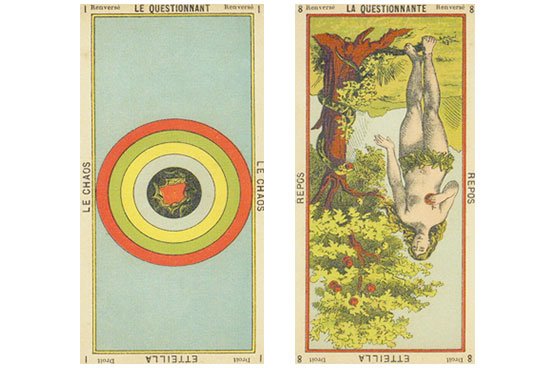 As Cartas Testemunhas no Livro de Thoth de Etteilla. Curiosamente, a atribuição das testemunhas se dá com as cartas invertidas.