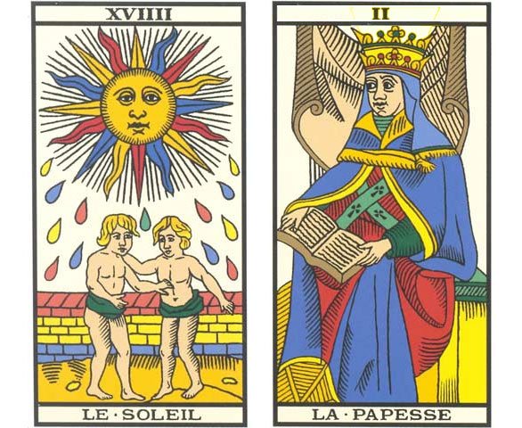 Interação humana com luz e calor; escuta atenta e acolhedora Cartas XIX. O Sol e II. A Papisa no Tarô de Marselha restaurado por Kris Hadar