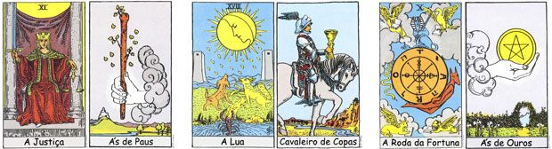 As cartas para as casas 1, 2 e 3. Imagens do Rider-Waite Tarot