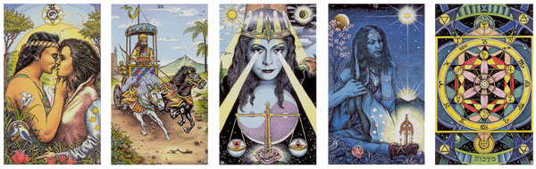 Namorados, Carro, Jusatiça, Eremita e Roda da Fortuna Cartas do Cosmic Tarot