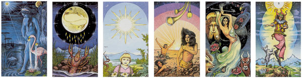 Temperança, Lua, Sol, Julgamento, Mundo e Louco Cartas do Cosmic Tarot