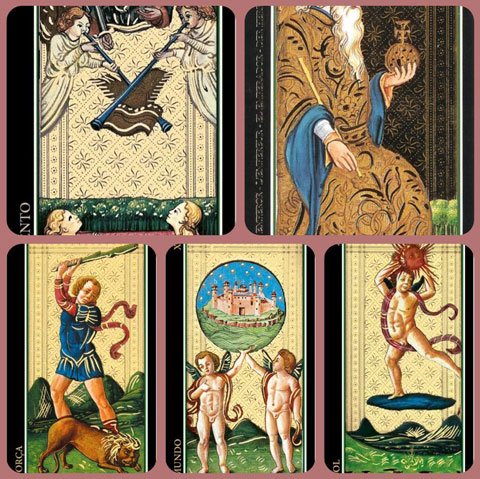 Julgamento, Imperador, Força, Mundo e Sol no Tarot Visconti Sforza