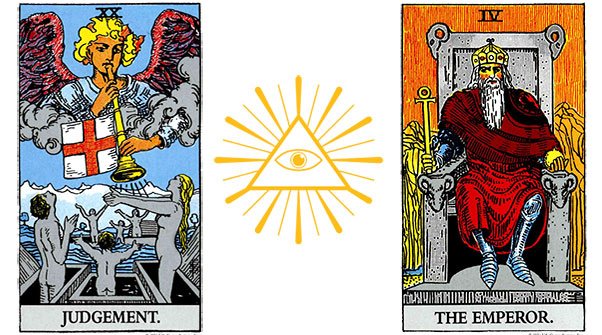 20. O Julgamento, 4. O Imperador e o símbolo do Olho Místico. Cartas do Rider Waite Tarot