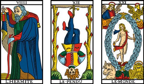 Eremita, Pendurado e Mundo do Tarot de Marseille, edição Camoin.
