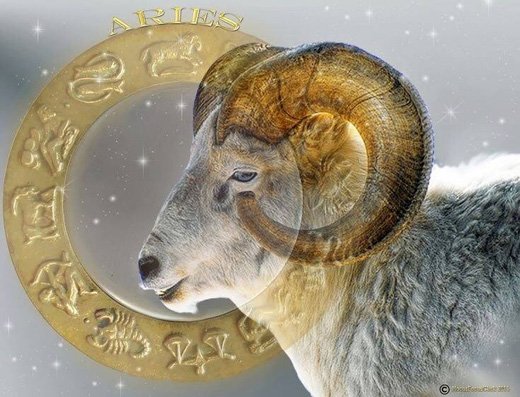 Carneiro diante de um círculo com signos zodiacais.