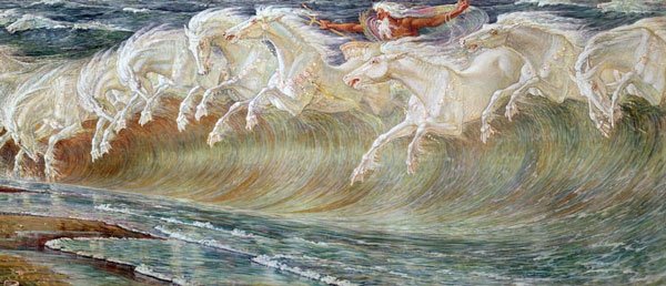 Cavalos emergindo das ondas em obra de Walter Crane, de 1892.