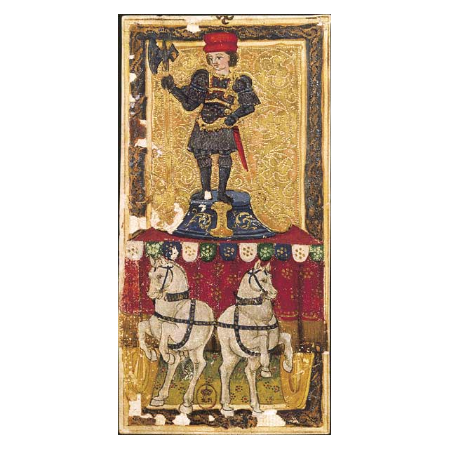 O Carro, carta do Tarot Gringonneur, preservada integralmente sobre fundo branco.