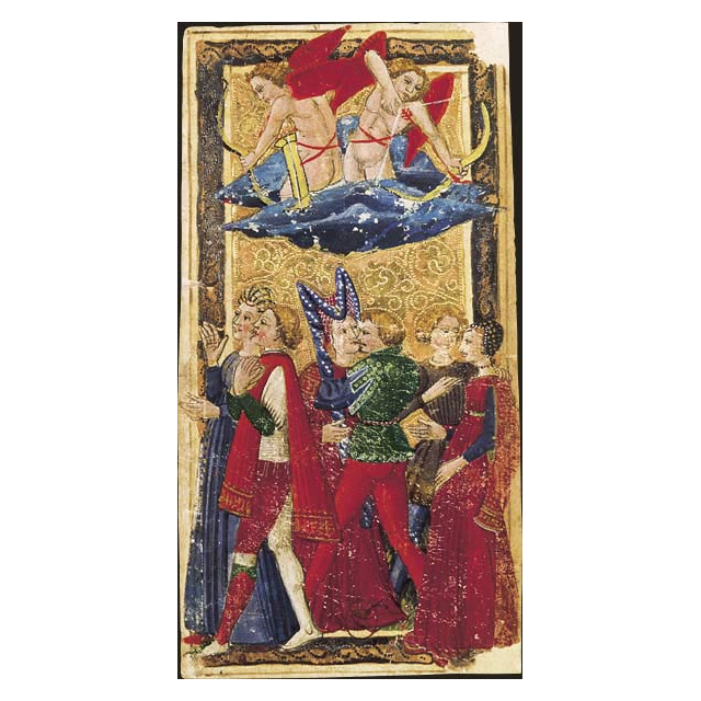 Os Enamorados, carta do Tarot Gringonneur, preservada integralmente sobre fundo branco.