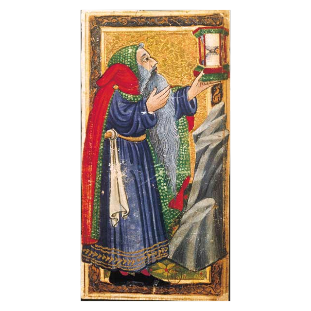 O Eremita, carta do Tarot Gringonneur, preservada integralmente sobre fundo branco.