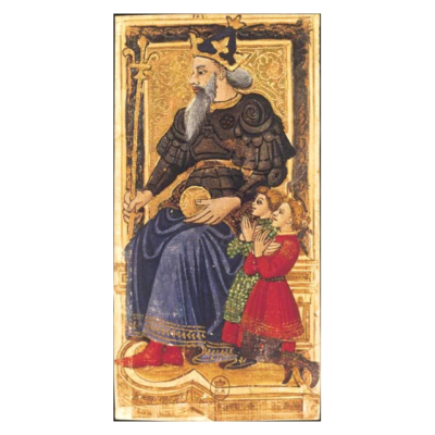 Charles IV Tarot – O Imperador O Imperador, carta do Tarot Gringonneur, preservada integralmente sobre fundo branco.