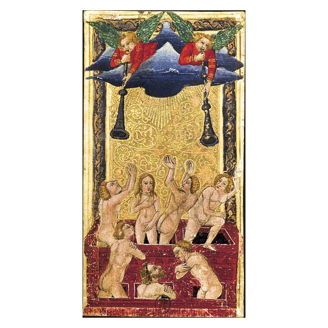 O Julgamento, carta do Tarot Gringonneur, preservada integralmente sobre fundo branco.