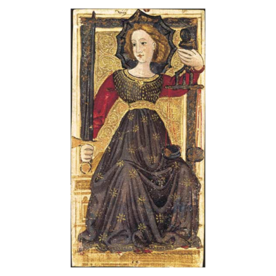 Charles IV Tarot – A Justiça A Justiça, carta do Tarot Gringonneur, preservada integralmente sobre fundo branco.