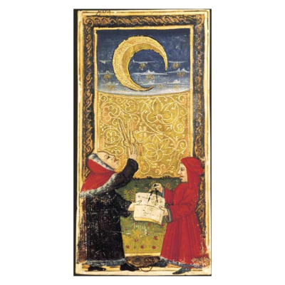 Charles IV Tarot – A Lua A Lua, carta do Tarot Gringonneur, preservada integralmente sobre fundo branco.