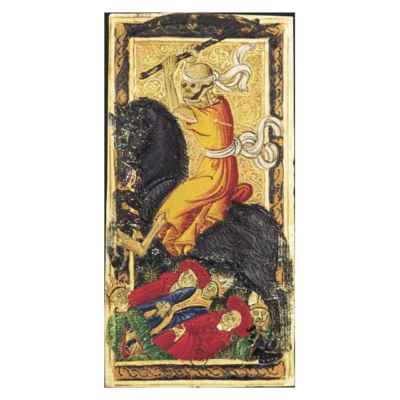 Charles IV Tarot – A Morte A Morte, carta do Tarot Gringonneur, preservada integralmente sobre fundo branco.