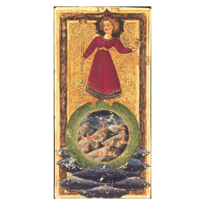 Charles IV Tarot – O Mundo O Mundo, carta do Tarot Gringonneur, preservada integralmente sobre fundo branco.