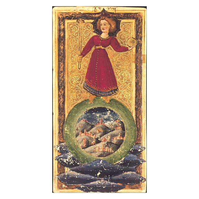 O Mundo, carta do Tarot Gringonneur, preservada integralmente sobre fundo branco.