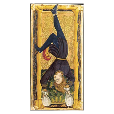 Charles IV Tarot – O Pendurado O Pendurado, carta do Tarot Gringonneur, preservada integralmente sobre fundo branco.