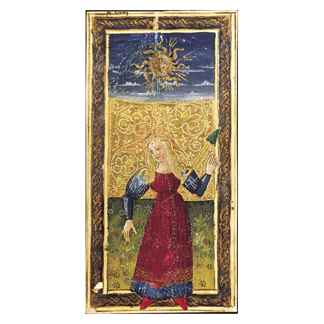 O Sol, carta do Tarot Gringonneur, preservada integralmente sobre fundo branco.