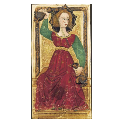 Charles IV Tarot – A Temperança A Temperança, carta do Tarot Gringonneur, preservada integralmente sobre fundo branco.