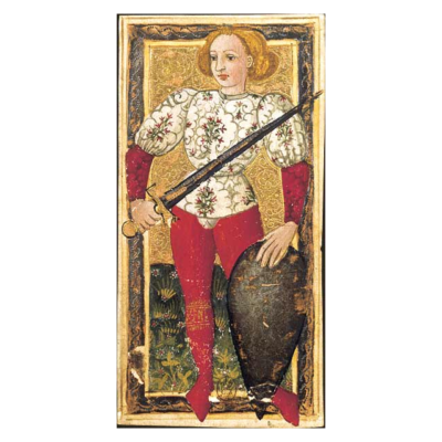 Charles IV Tarot – O Valete de Espadas O Valete de Espadas, carta do Tarot Gringonneur, preservada integralmente sobre fundo branco.