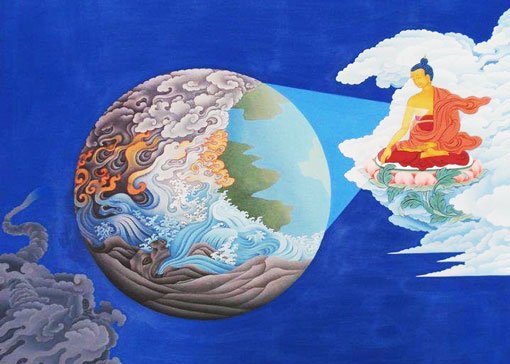 Globo terrestre com elementos ilustrados e uma figura meditando ao lado.