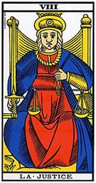 Carta A Justiça, número 8, do Tarot de Marseille, edição Grimaud.