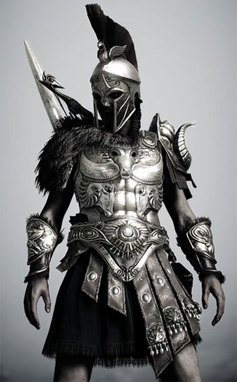 Guerreiro com armadura, escudo e lança.
