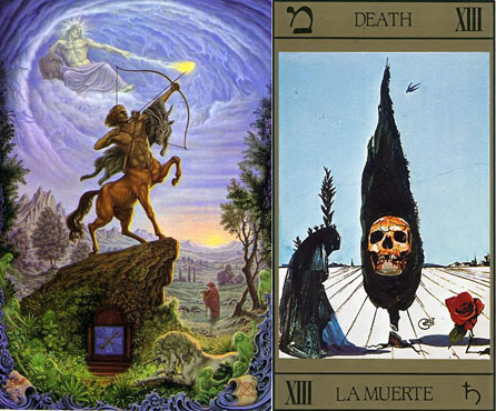 Representação de Sagitário por Johfra Bosschart e carta A Morte do tarô de Salvador Dalí, lado a lado.