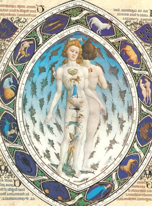 Mandorla com uma figura feminina cercada por símbolos astrológicos.