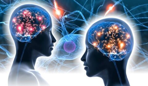 Duas silhuetas de cabeças conectadas por redes luminosas.