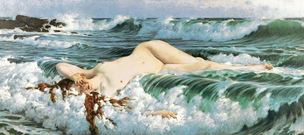 Vênus deitada sobre as ondas em uma cena mitológica.