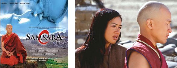 Cartaz do filme Samsara ao lado de duas personagens