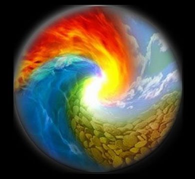 Globo circular com cores e elementos naturais.