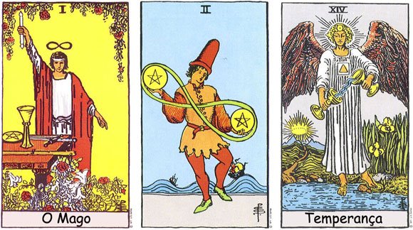 O Mago, Dois de Ouros e Temperança, do Rider-Waite Tarot, lado a lado.