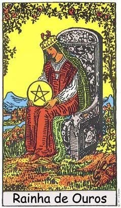 Rainha de Ouros - Receptiva e Acolhedora no baralho Rider-Waite.