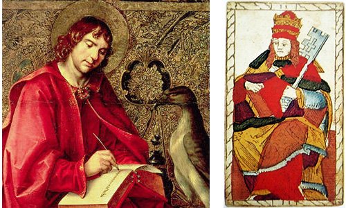 São João Evangelista e o arcano A PapisaPintura de São João por autor desconhecido e a carta II de Catelin Geoffroy