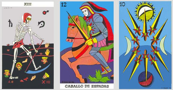 Três cartas do Tarô de Balbi: Morte, Cavaleiro de Espadas e Dez de Espadas.