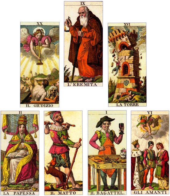 Tiragem de I Tarocchi Classici em duas fileiras: Julgamento, Eremita e Torre; Papisa, Louco, Mágico e Amantes.