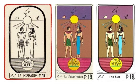Três versões da carta 19 do Tarô Egípcio Kier, lado a lado.