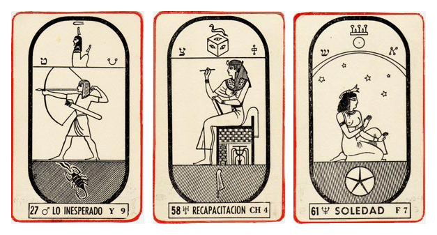 Cartas 27, 58 e 61 do Tarô Egípcio Kier, lado a lado.