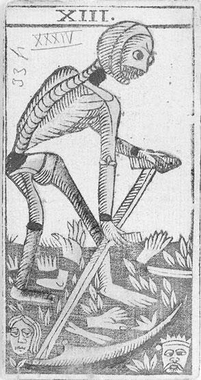 Carta XIII, A Morte, do Tarot Payen de Marselha de 1713.